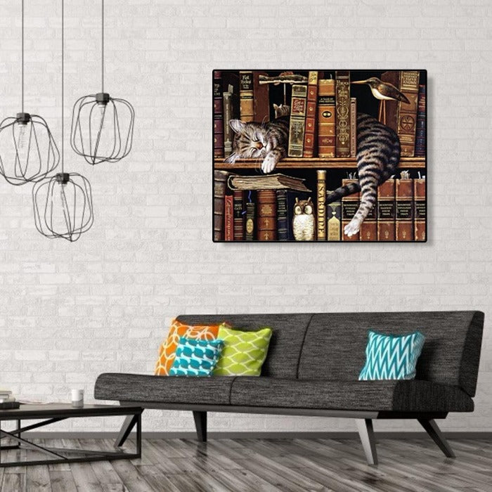 Painting By Numbers Kit DIY Cat Books Hand Painted Canvas Oil Art Picture