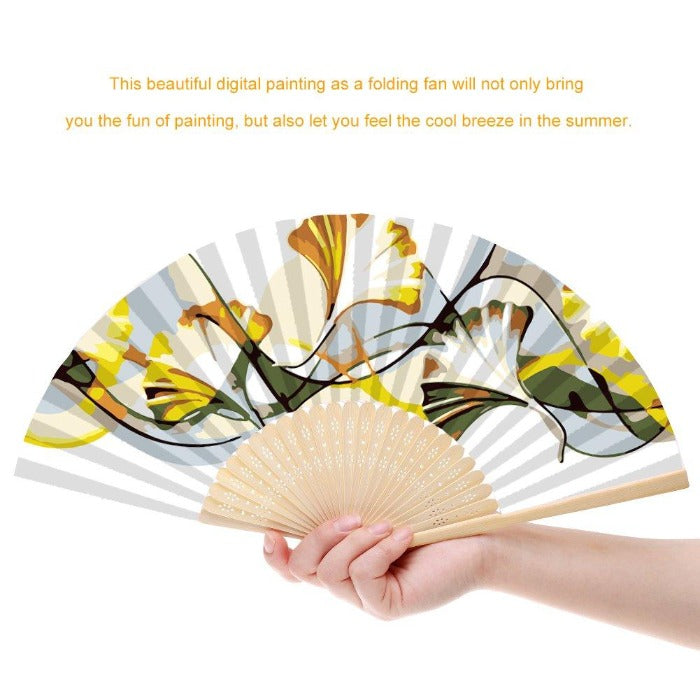 DIY Oil Paint By Number Folding Fan Art Craft Ginkgo Leaf