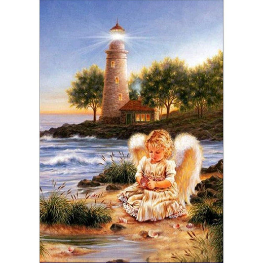 cute angel besides the lighthouse