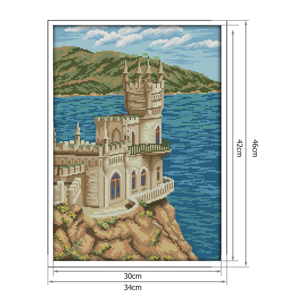 Ponto cruz estampado 14 quilates - Igreja à beira-mar (36 x 46 cm)