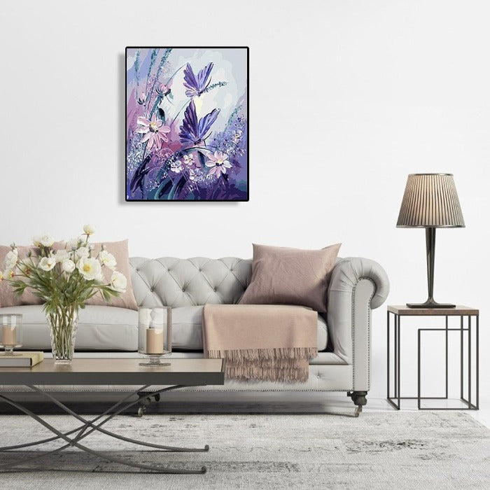 Purple Butterfly Flowers Hand Painted Picture Artwork Canvas
