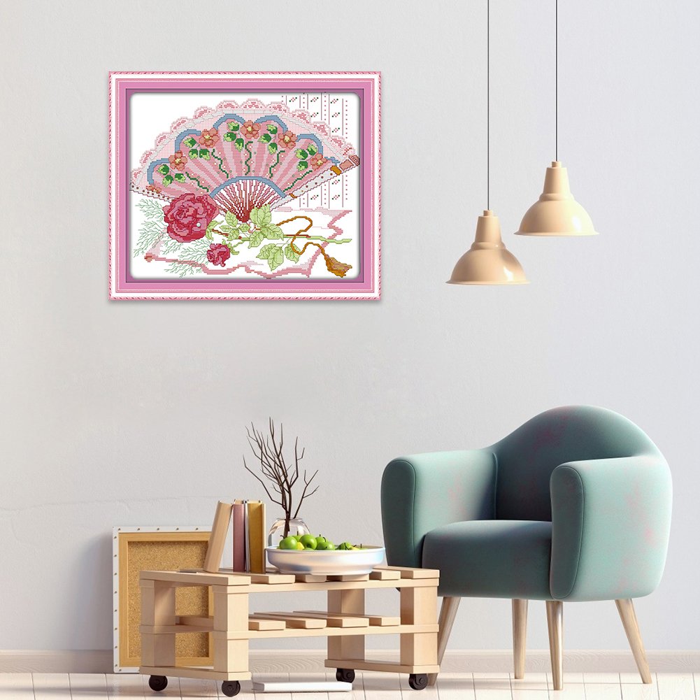 Ponto cruz estampado 14 quilates - leque rosa (35 x 30 cm)