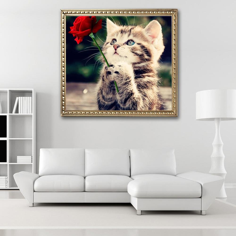 Kit de pintura de diamante DIY 5D - Redondo Parcial - Gato e Rosa