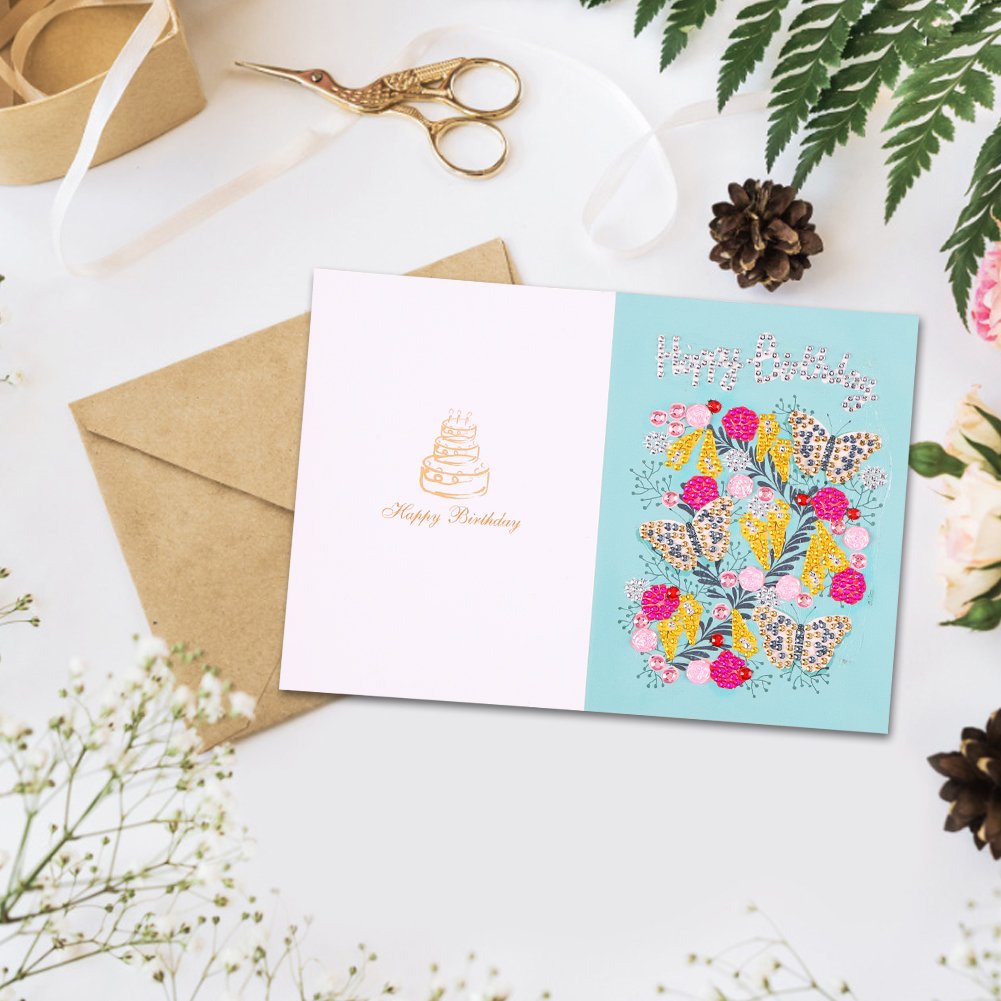 DIY 5D Diamond Painting Happy Birthday Postcard - Butterfly A