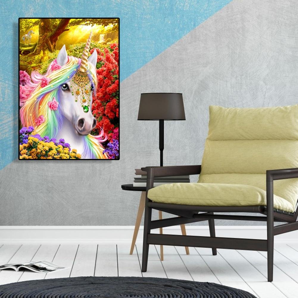 Pintura Diamante - Redondo Completo - Unicórnio em Flores