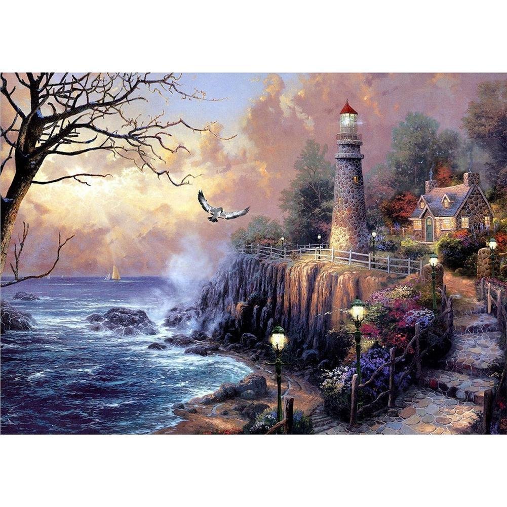 5D Diy Diamond Painting Kit Full Round Beads Lighthouse Scenery