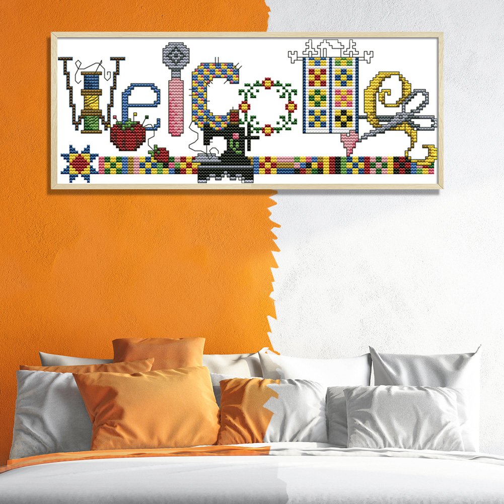 Ponto cruz estampado 14 quilates - cartão de boas-vindas da máquina de costura (31 x 14 cm)