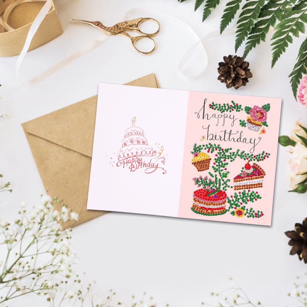 DIY 5D Diamond Painting Happy Birthday Postcard-Cake