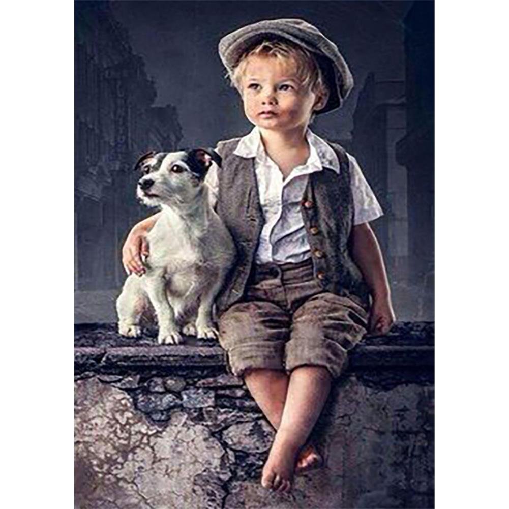 5D Diy Diamond Painting Kit Full Round Beads Boy and Dog