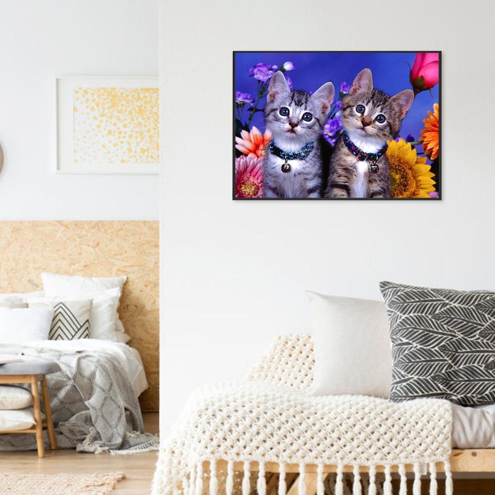 Kit de pintura de diamante DIY 5D - redondo completo - dois gatos/gatinhos