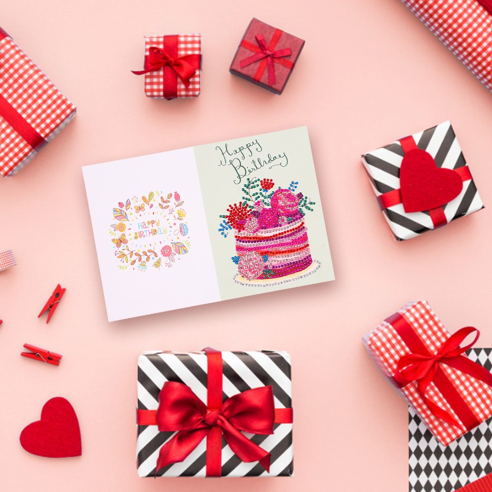 DIY 5D Diamond Painting Happy Birthday Postcard- Cake