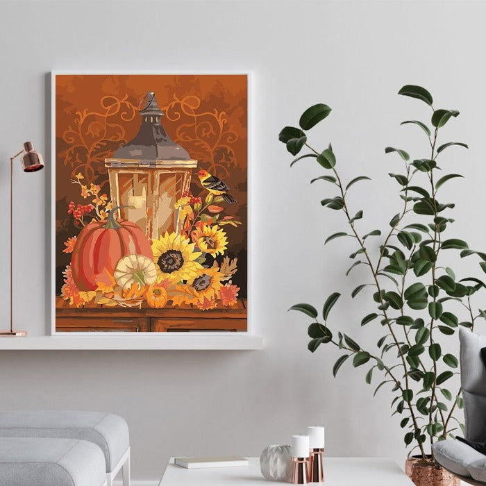 Oil Paint By Numbers Pumpkin Lamp Hand Painted Canvas Picture