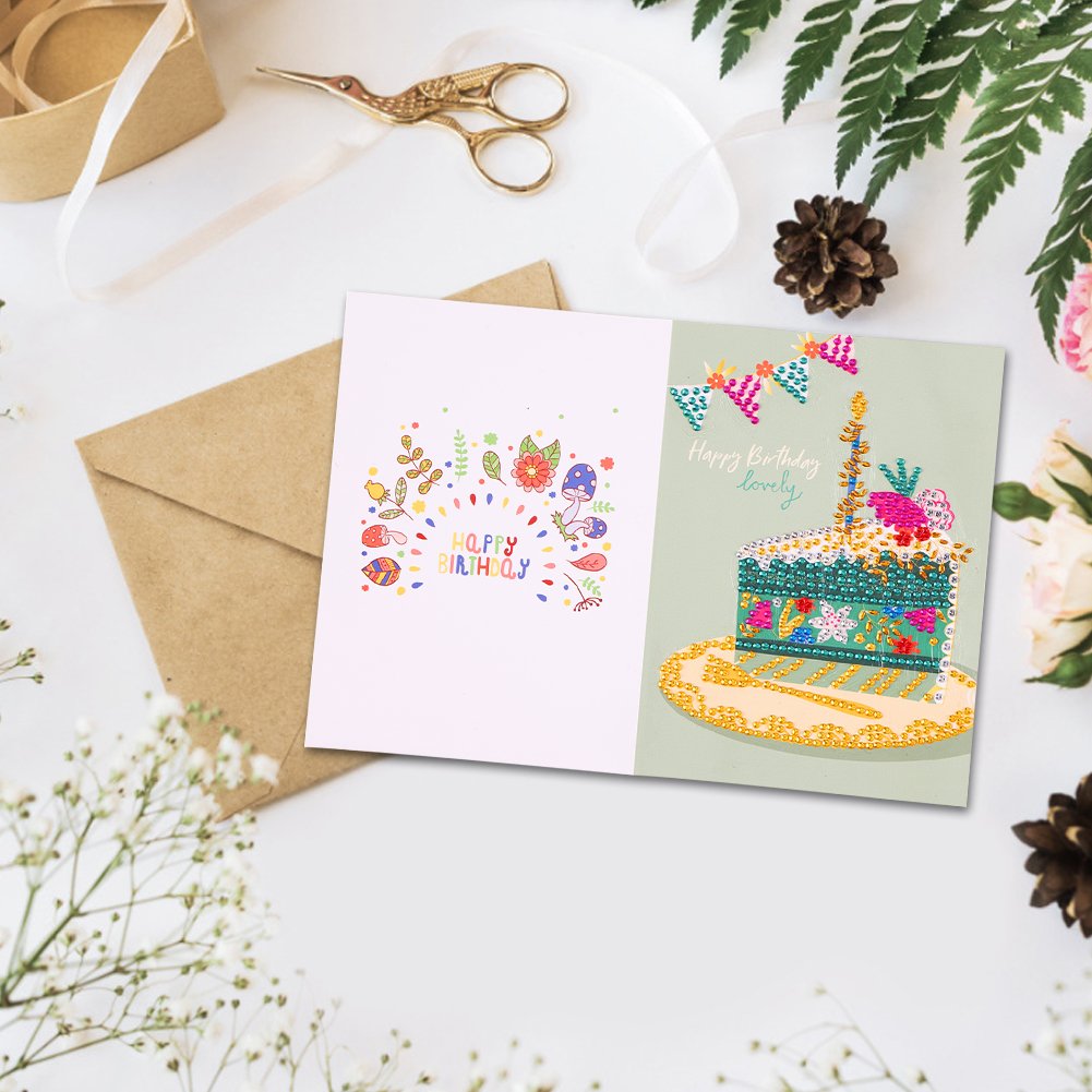 DIY 5D Diamond Painting Happy Birthday Postcard-Cake