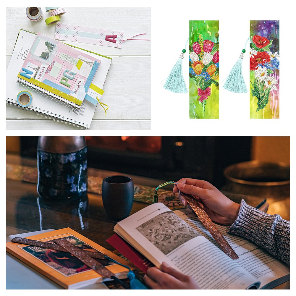 2pcs Diamond Painting Bookmark DIY Flowers Leather Tassel Book Marks Craft