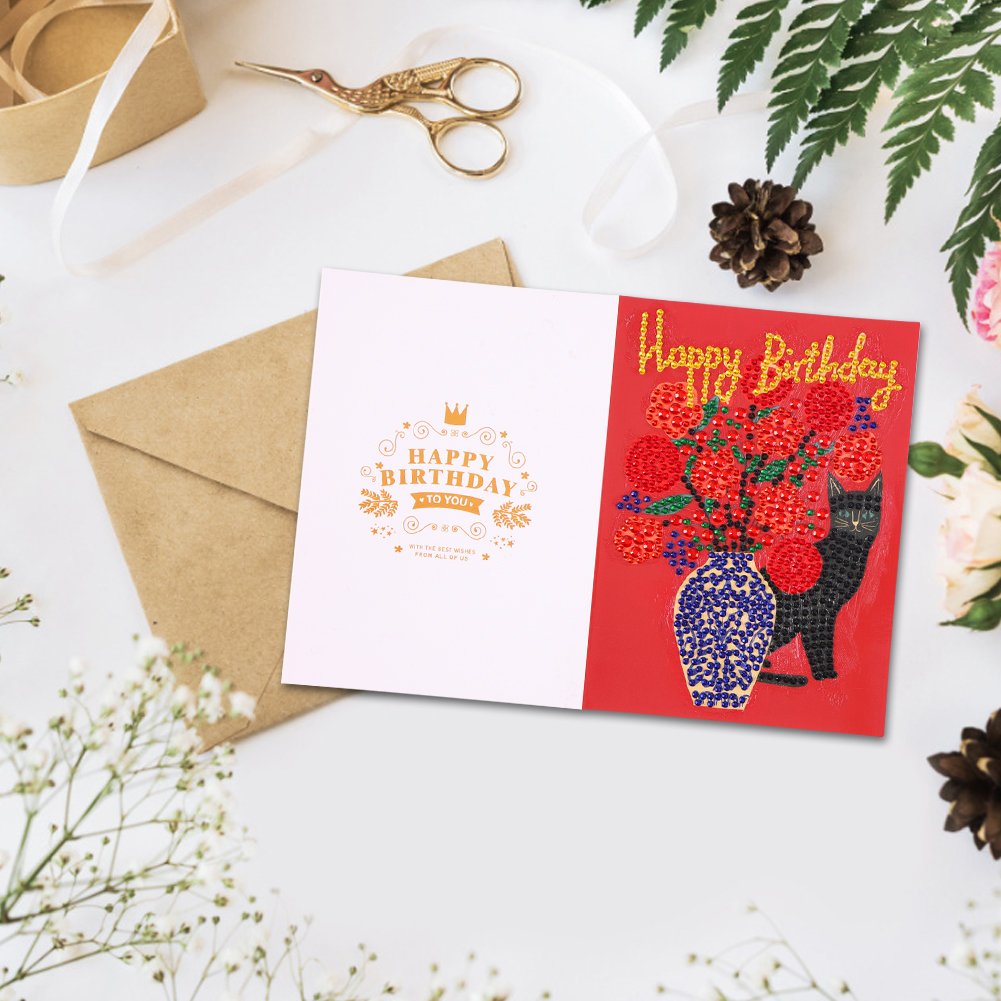 DIY 5D Diamond Painting Happy Birthday Postcard-Flower Cat