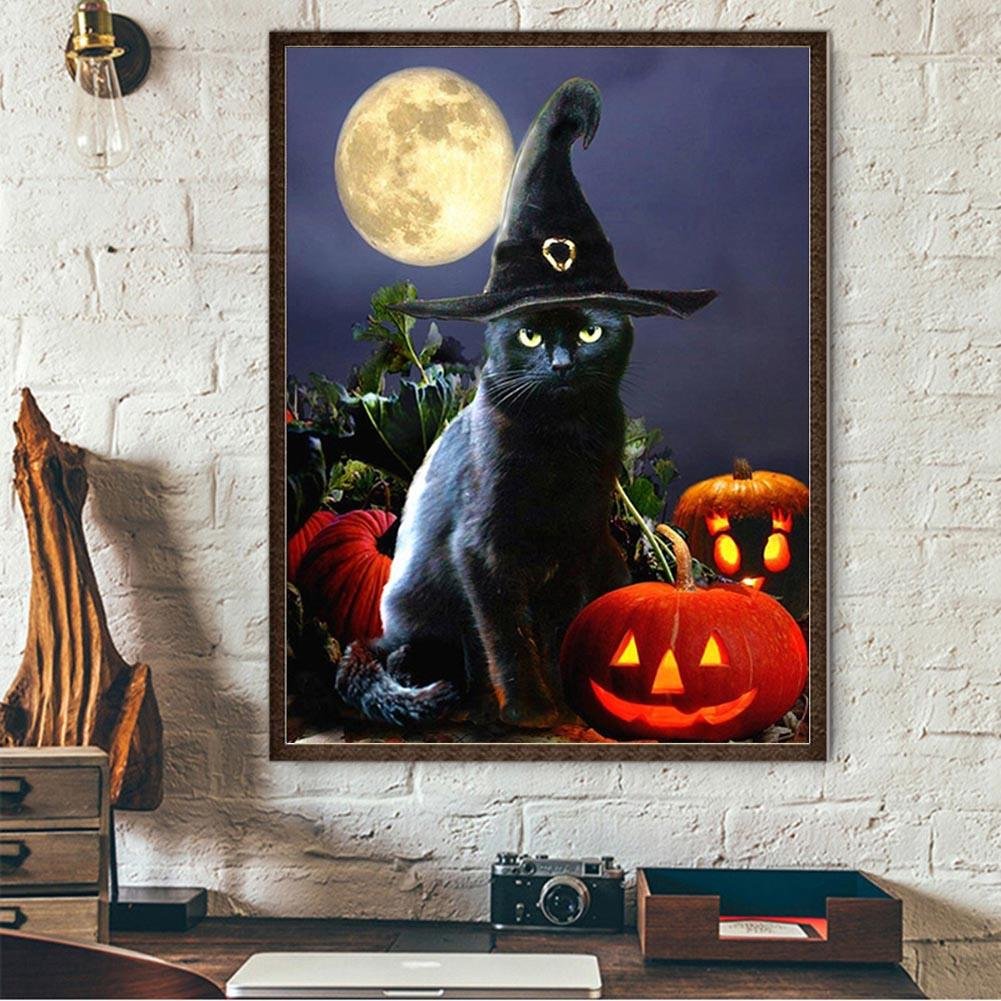 Kit de pintura diamante DIY 5D - redondo completo - gato preto A