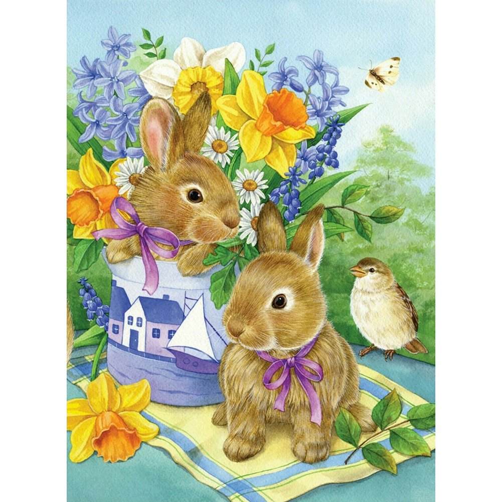 5D Diy Diamond Painting Kit Full Round Beads Spring Rabbits