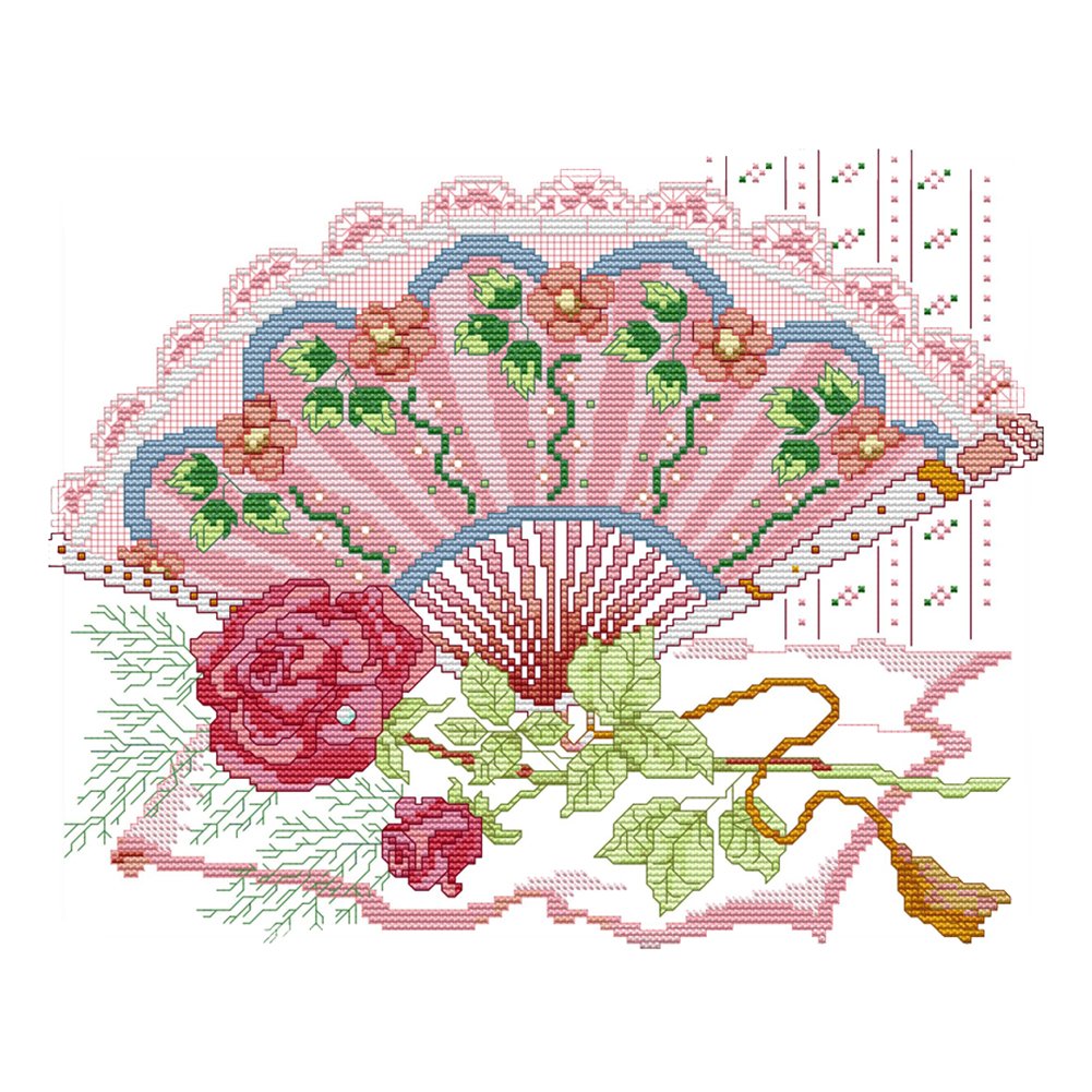 14ct Stamped Cross Stitch Rose Fan (35*30cm)