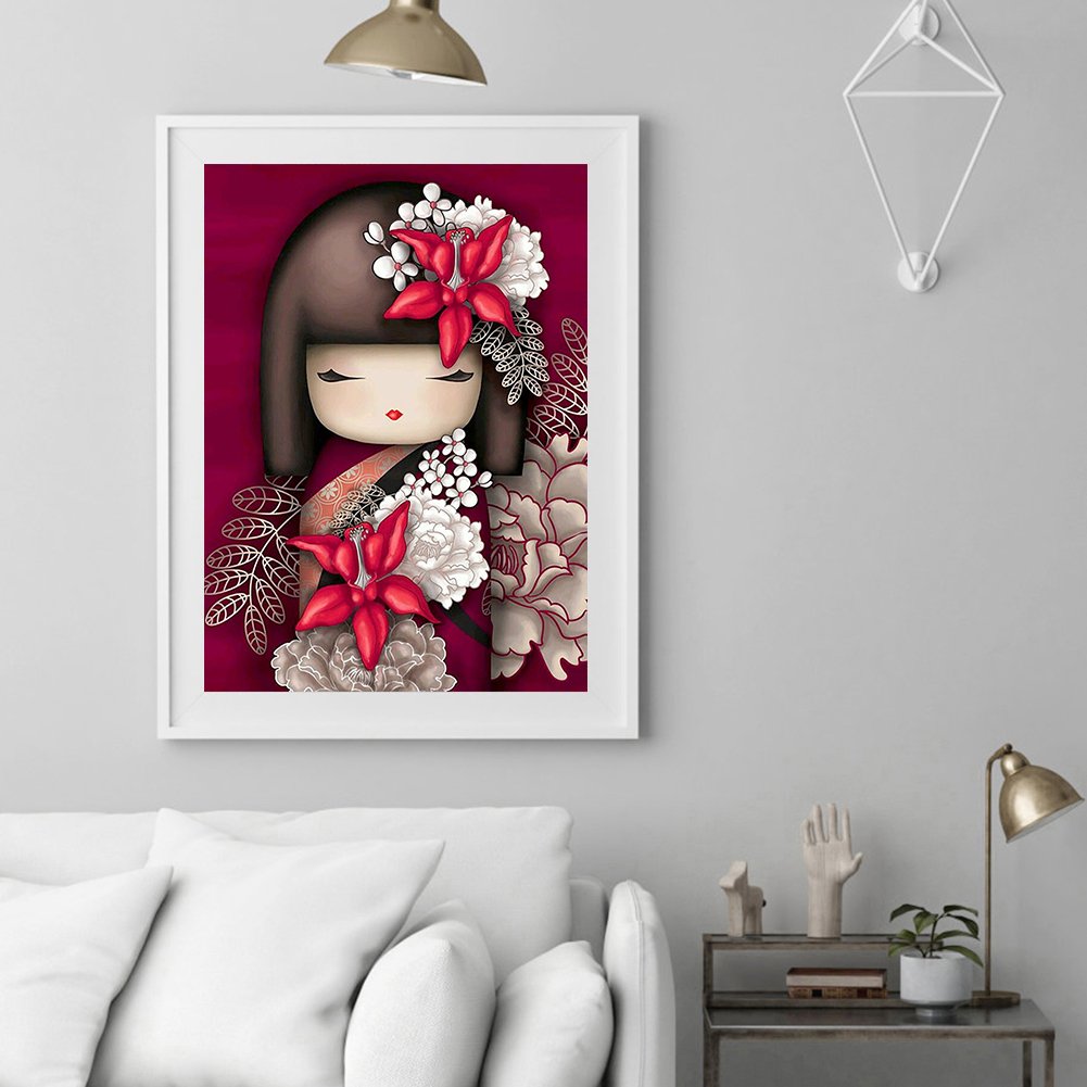 Kit de pintura de diamante DIY 5D - redondo completo - boneca japonesa