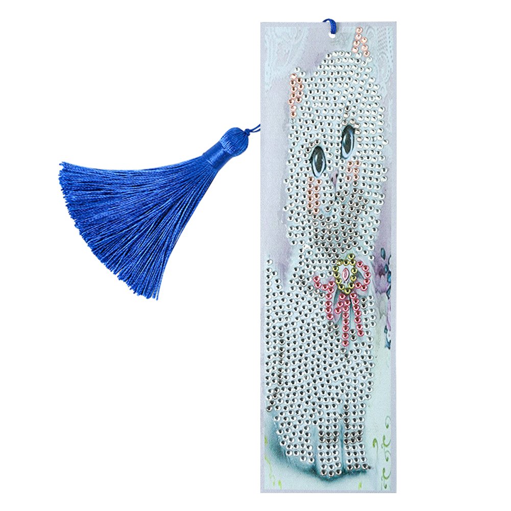 DIY Tassel Bookmarks Special Shaped Diamond Painting White Cat