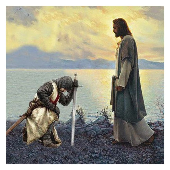 Knight and God Hand Painted on Canvas Colouring Oil Art Picture