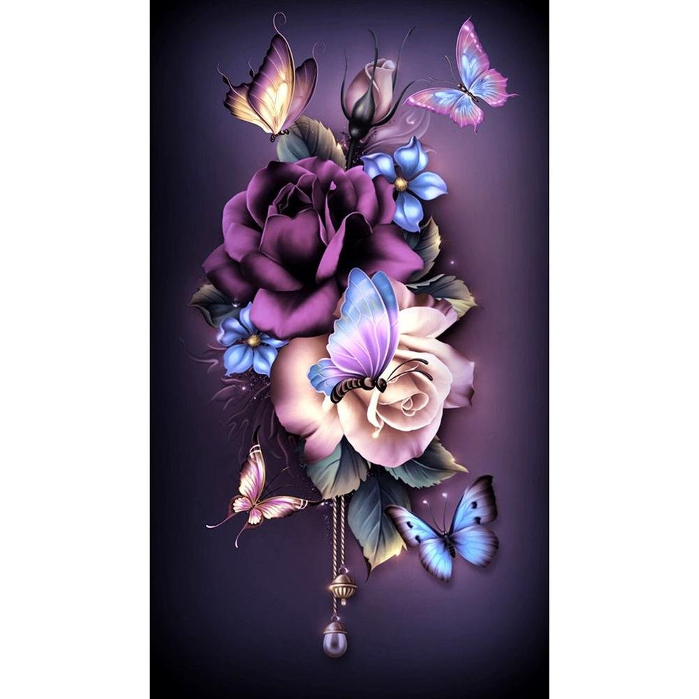 5D Diy Diamond Painting Kit Full Round Beads Gorgeous Flower Butterfly (30*48cm)
