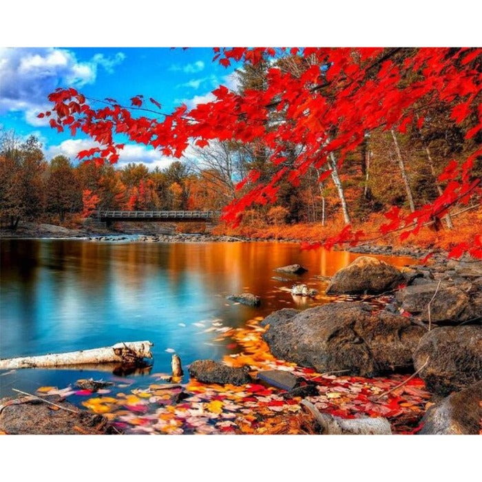 Maple by Lake Hand Painted Canvas Oil Art Picture Craft Home Wall Decor