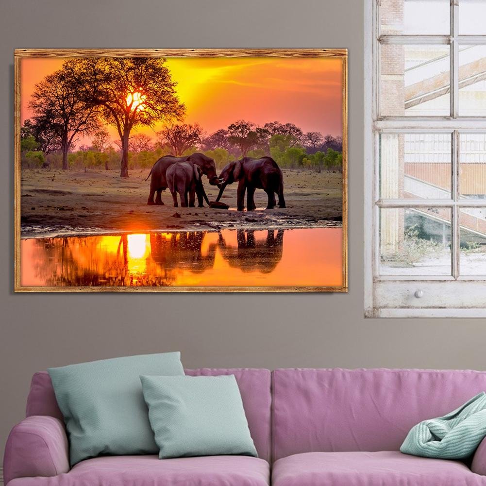 Pintura Diamante - Rodada Completa - Elefante Pôr do Sol