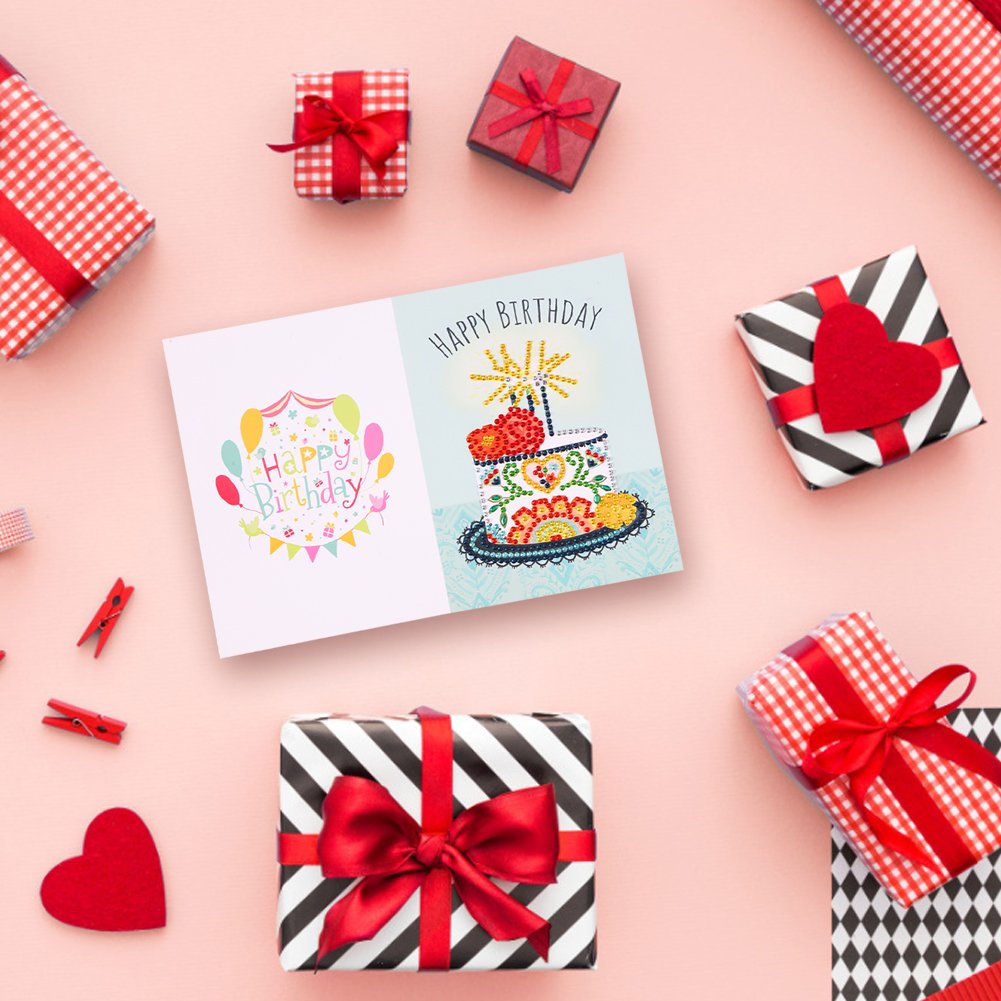 DIY 5D Diamond Painting Happy Birthday Postcard-Cake
