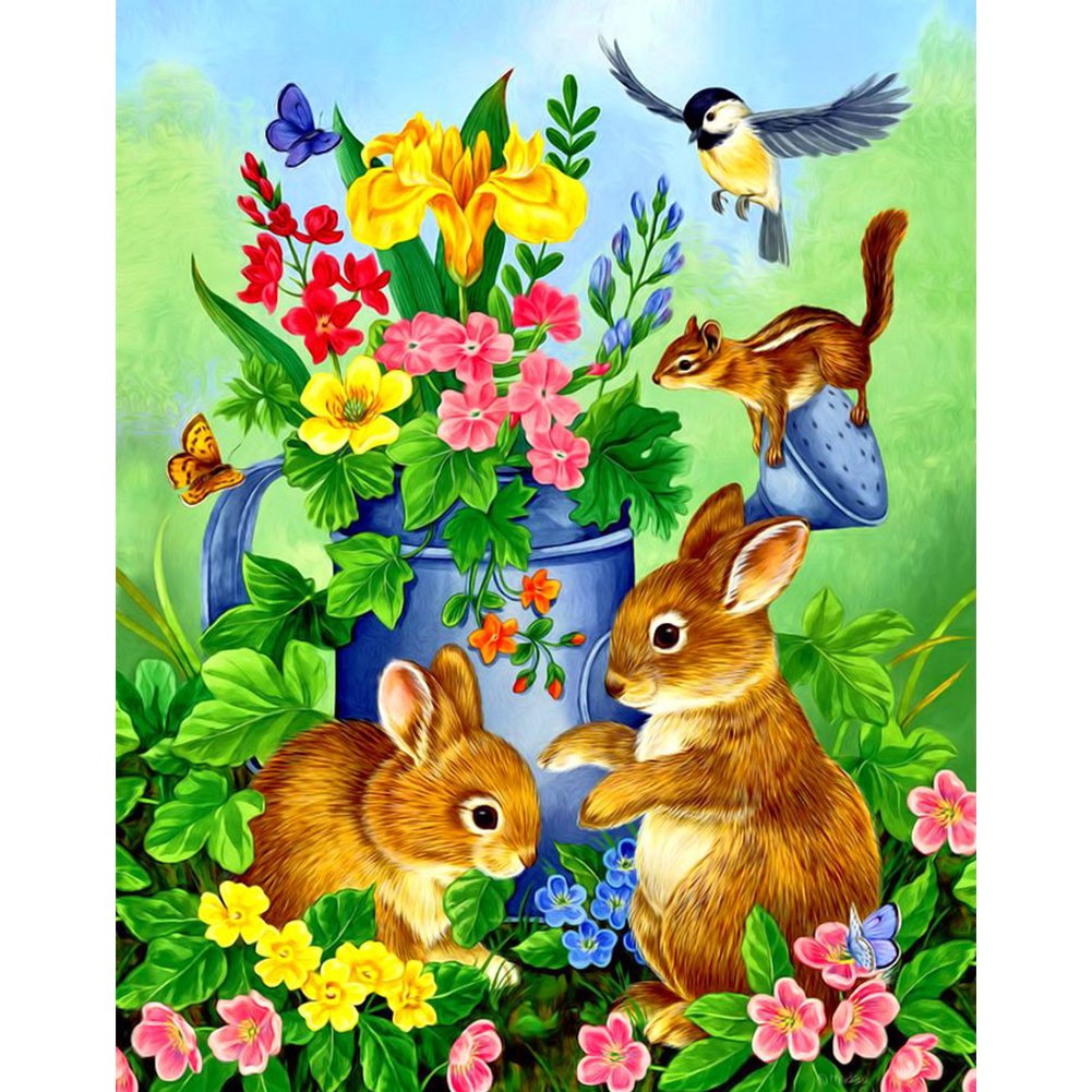 5D Diy Diamond Painting Kit Full Round Beads Flower and Rabbit