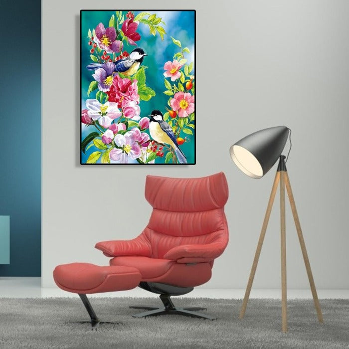 Chickadee Birds on a Flower Tree Hand Painted On Canvas Oil Art Picture