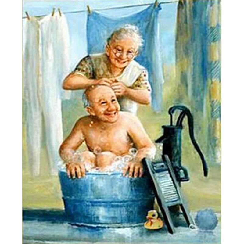 5d full drill round diamond painting kits Sweet Old Couple Bath