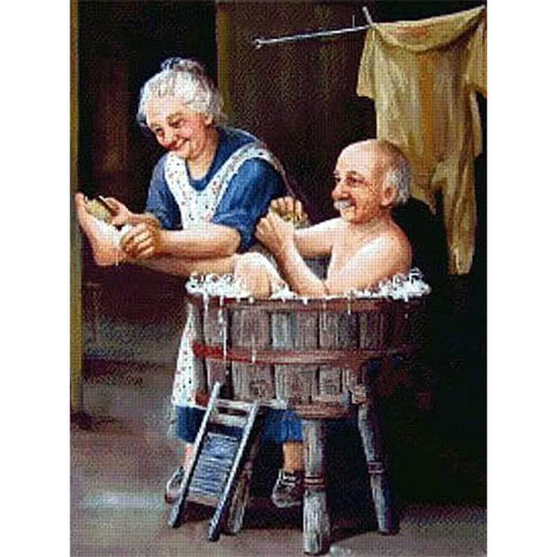 5d full drill round diamond painting kits Sweet Old Couple Bath