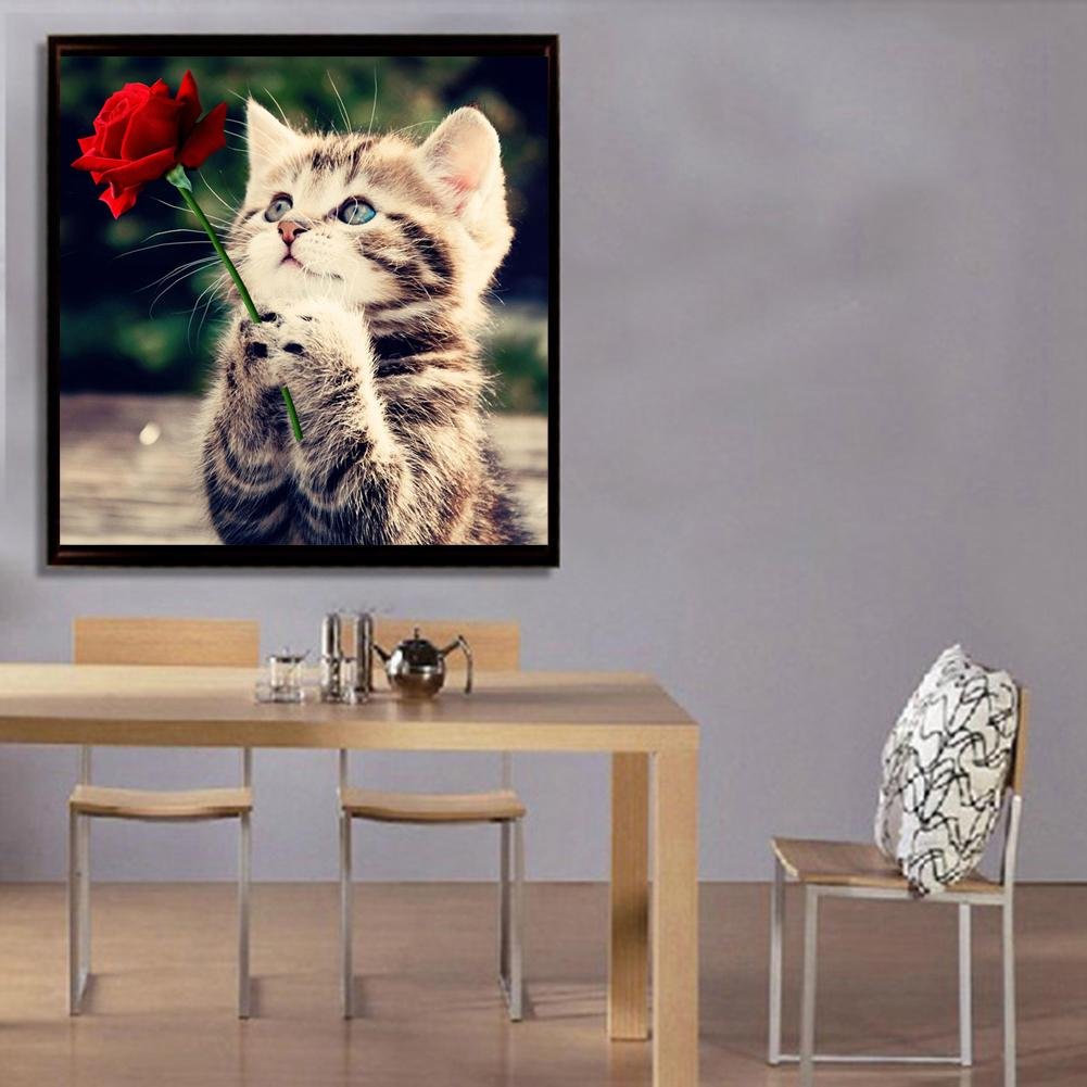 Kit de pintura de diamante DIY 5D - Redondo Parcial - Gato e Rosa