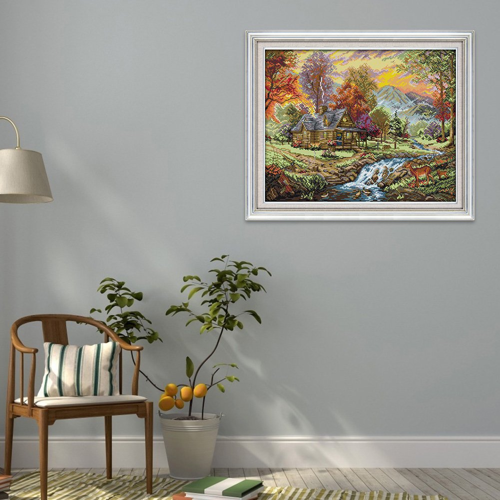 14 quilates de ponto de cruz estampado - Forest River House (47 x 38 cm)