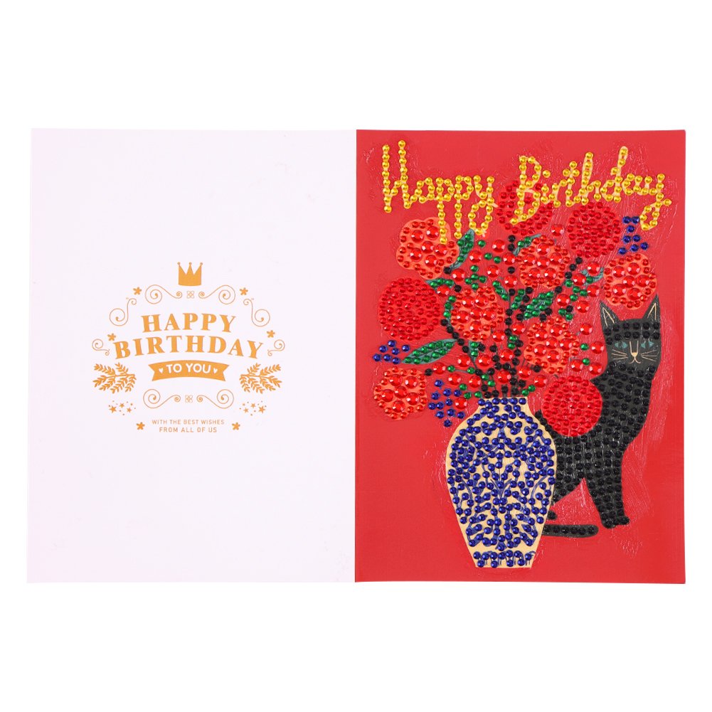 Flower Cat DIY 5D Diamond Painting Happy Birthday Postcard