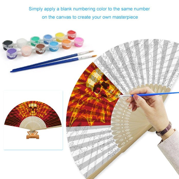 DIY Oil Paint By Number Folding Paper Fan Art Craft Skull Head