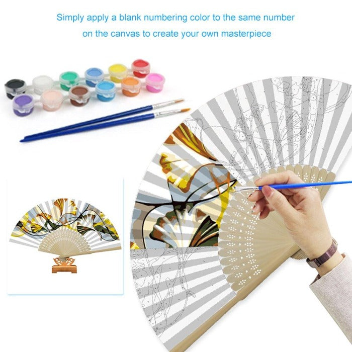 DIY Oil Paint By Number Folding Fan Art Craft Ginkgo Leaf