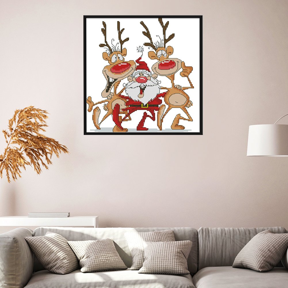 Ponto cruz estampado 14 quilates - Papai Noel e alce (28*26 cm)