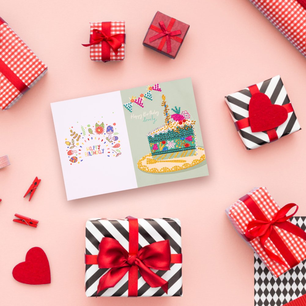 DIY 5D Diamond Painting Happy Birthday Postcard-Cake