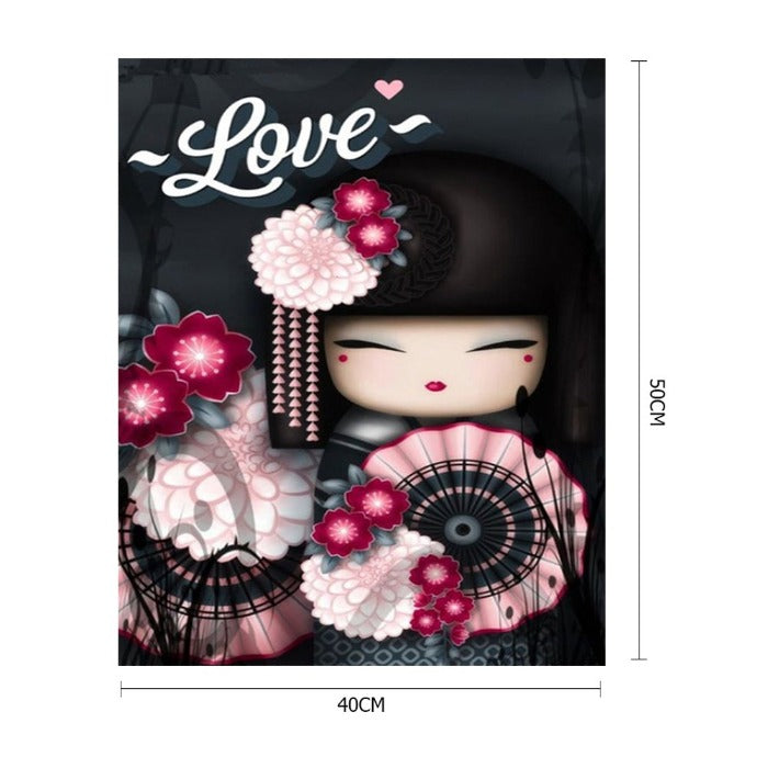 Japanese Doll Frameless Oil Paint by Numbers Kit Handpainted on Canvas Picture
