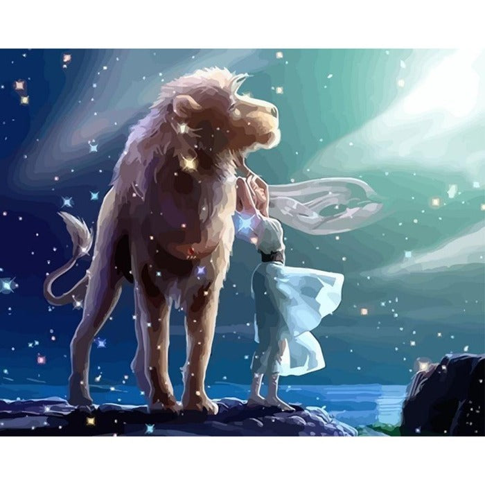 Girl and Lion Frameless Canvas Color Picture Home Living Room Wall Art Decoration