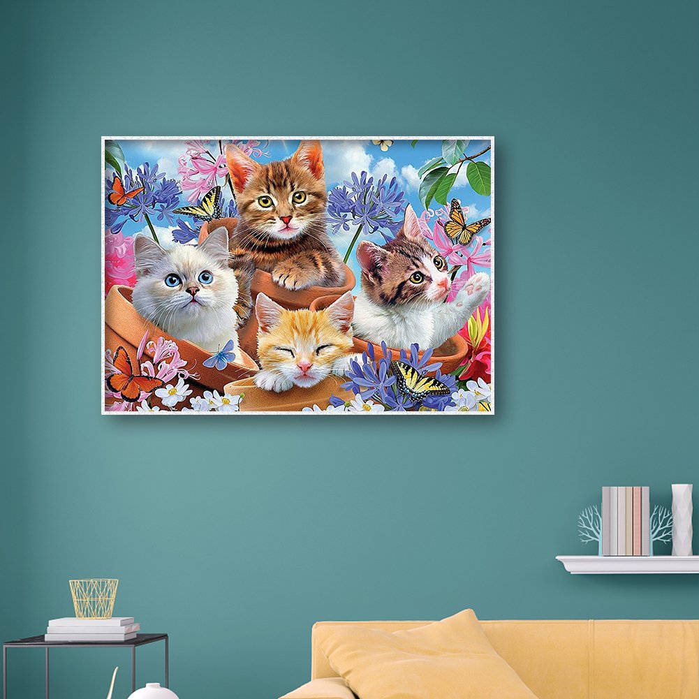 5D DIY Diamond Painting Kit - Full Round - Four Cats In Flower