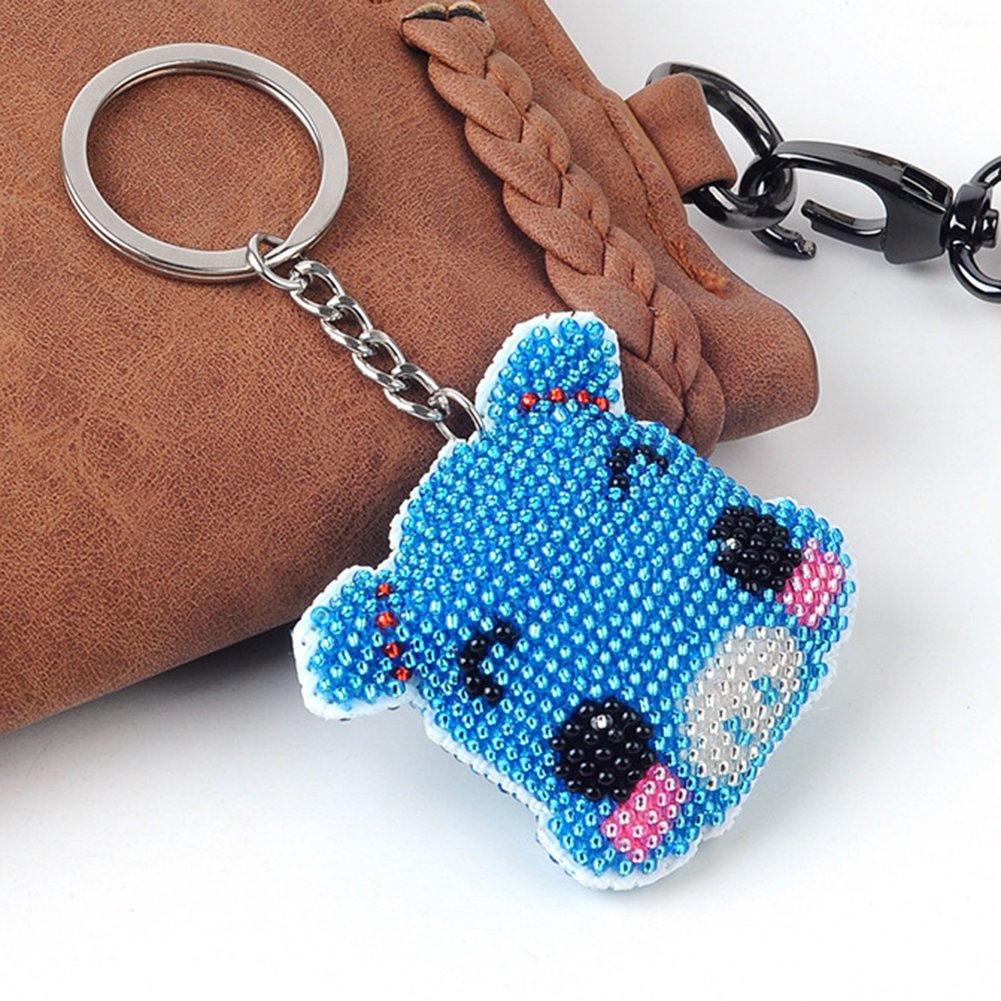 Blue Pig Threads Stamped Beads Cross Stitch Keychain