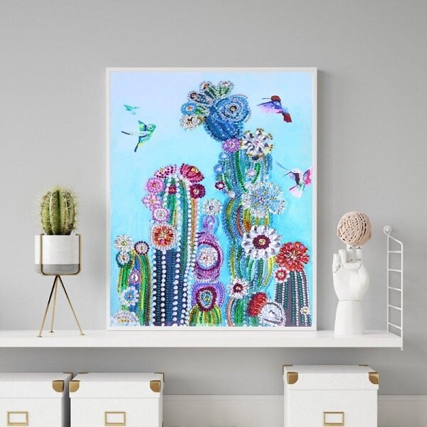 irregular diamond painting cactus birds mosaic wall art picture