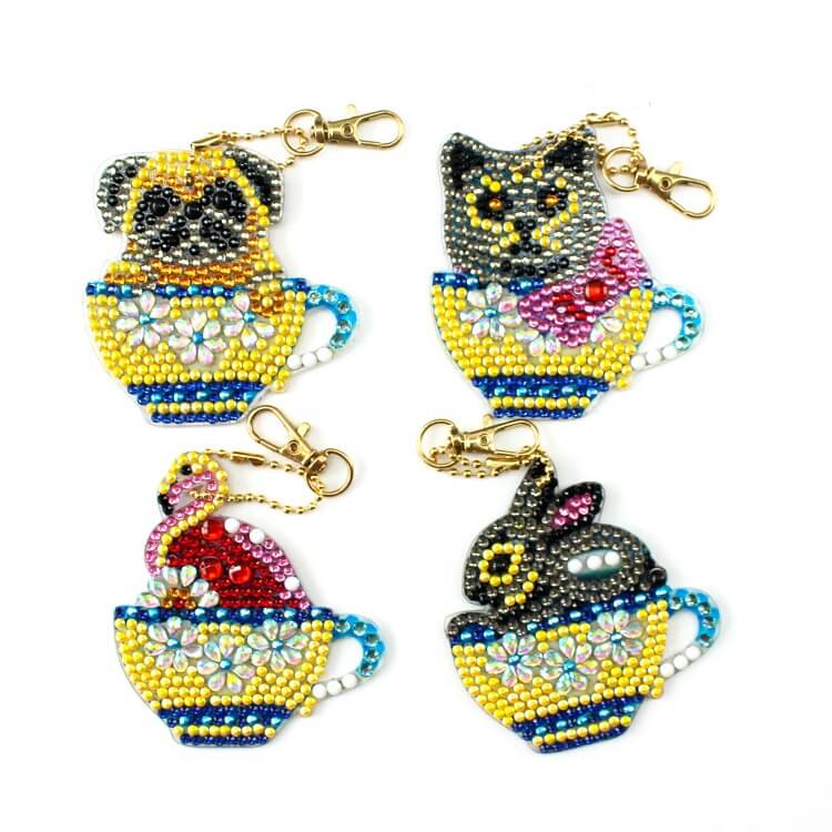 4pcs Cup Animals DIY Diamond Painting Keychains