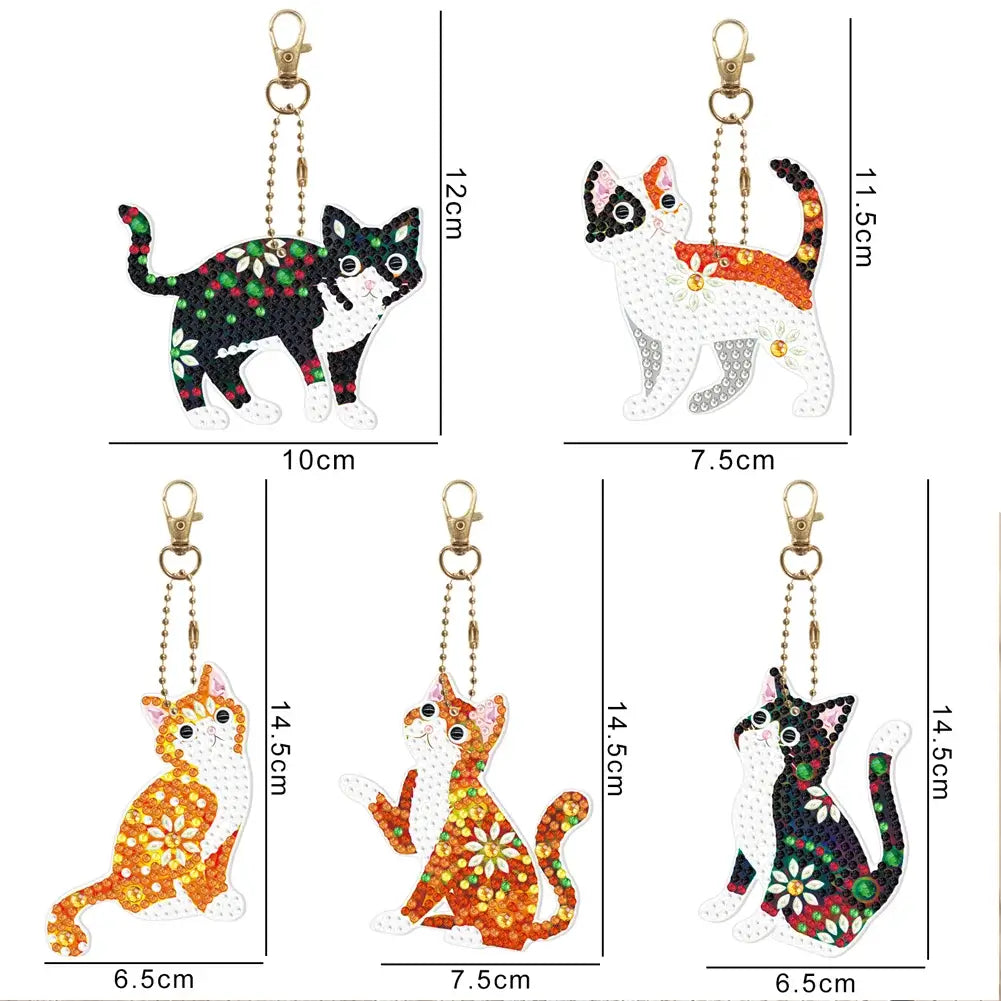 5pcs Cat DIY Diamond Painting Keychains / Bag Pendants sizes