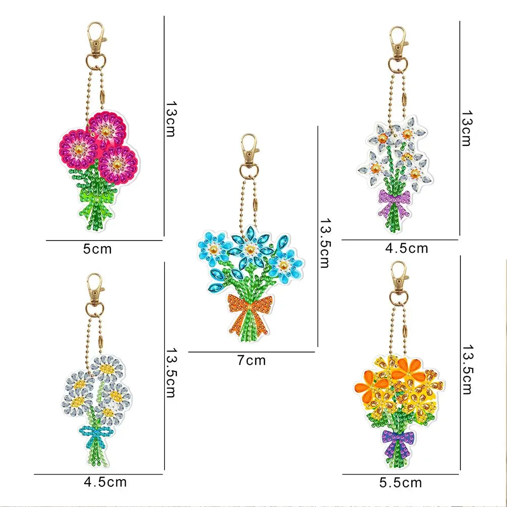 5pcs Flower Bouquets DIY Diamond Painting Keychains / Bag Pendants sizes