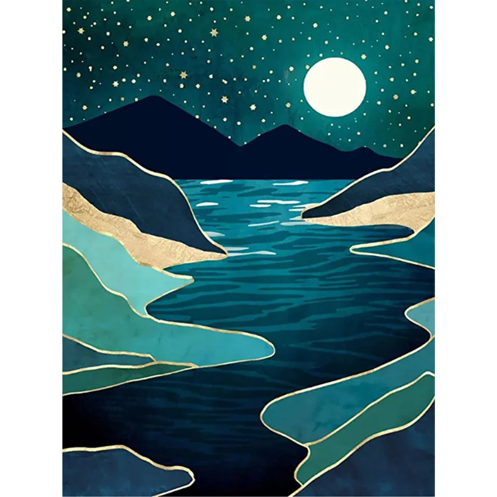 Pintura de diamante - Redondo completo / Cuadrado - Vista nocturna del río Vista abstracta
