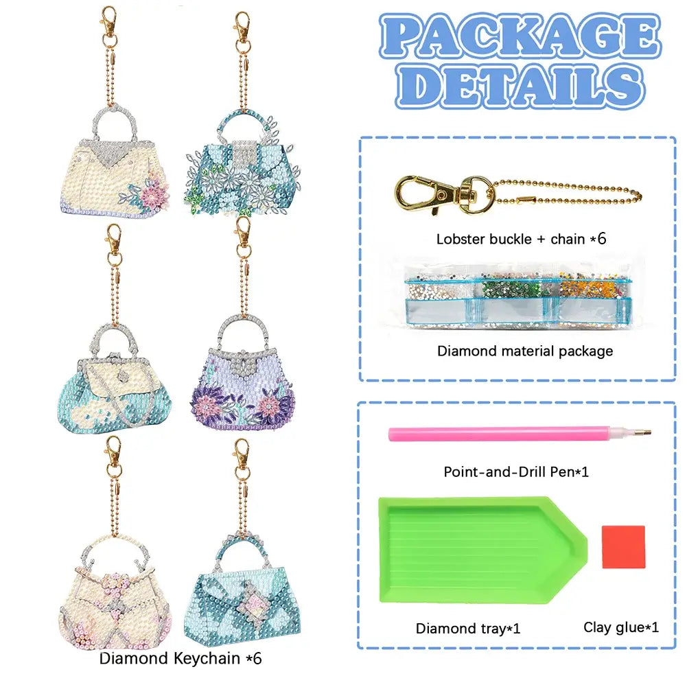 6pcs DIY Flower Bag Diamond Painting Keychains Package